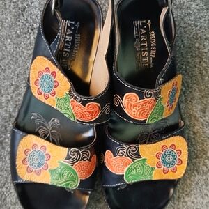 L'Artiste by Spring Step Black Wedges with Multicolor Floral Design